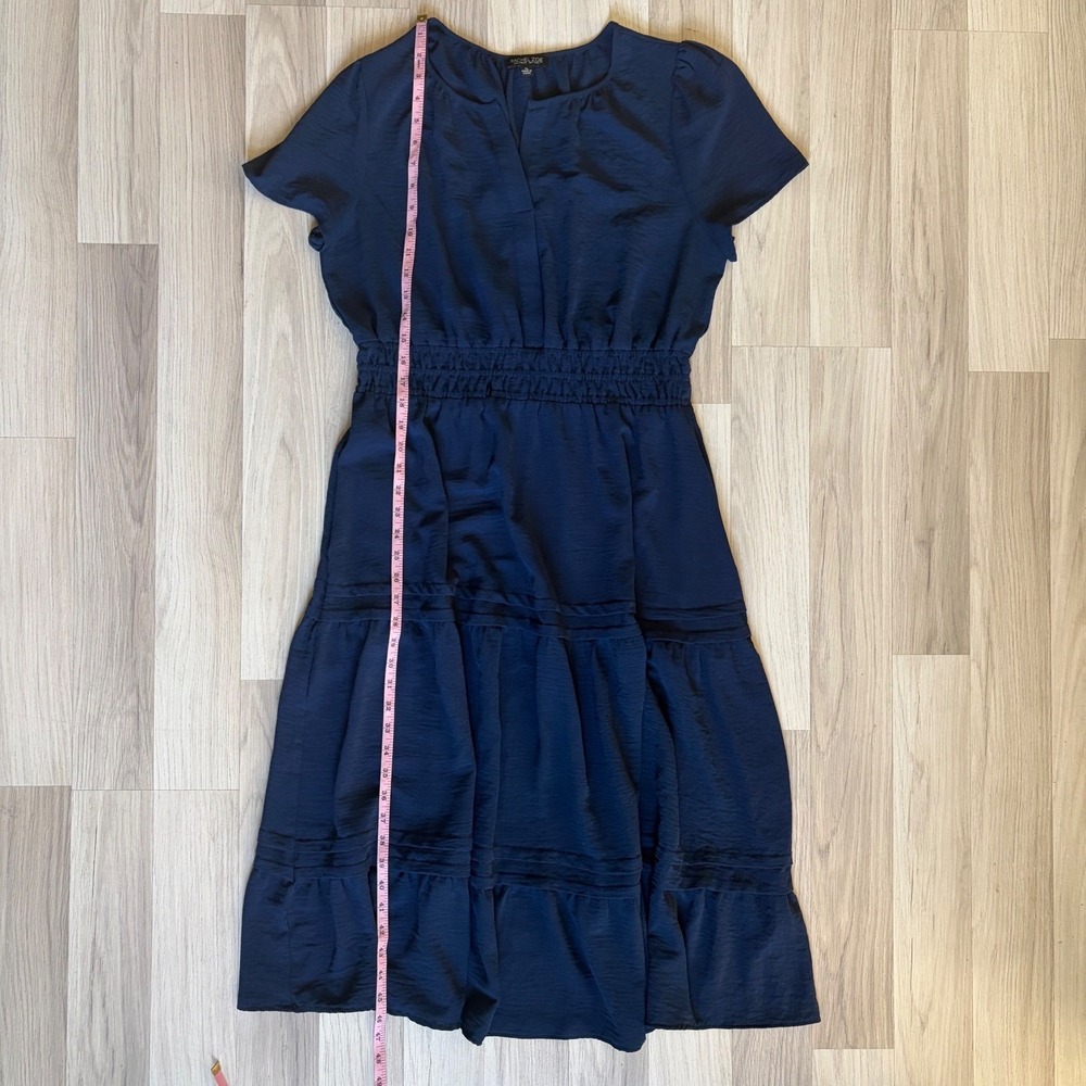 Rachel Zoe Navy Blue Smocked Waist Tiered Midi Dress XL Short Sleeve Split Neck